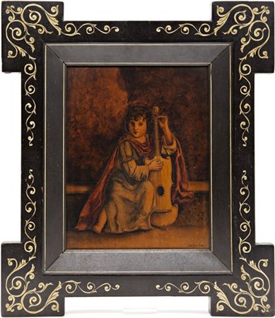 Giulio Masnada "Fanciullo con strumento musicale", pannello in legno pirografato