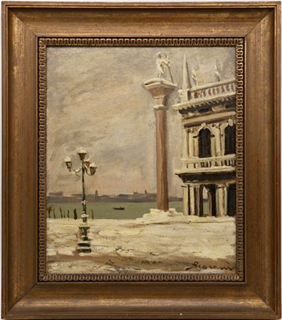 Annibale Scaroni "Venezia. Nevicata in Piazzetta San Marco" 1949
olio su cartone