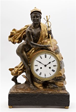 Orologio con automa in legno dorato e dipinto raffigurante Mercurio.
Quadrante