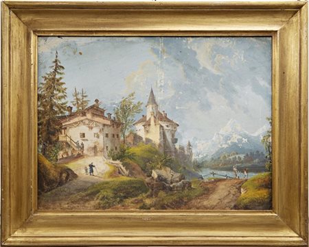 Ignoto, secolo XIX, Paesaggio con castello e figure, tempera su carta applicata