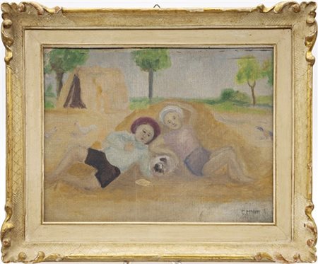 Firma indecifrata, secolo XX

"Figure in un fienile" 
olio su cartone telato (c