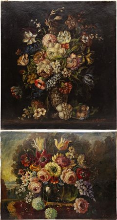 Coppia di dipinti ad olio su tela raffiguranti Vasi di fiori, di diveri autori