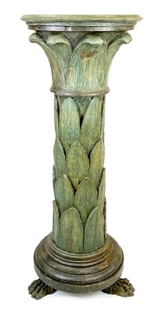 Colonna portavaso in legno intagliato e dipinto a foglie di palma su piedi feri