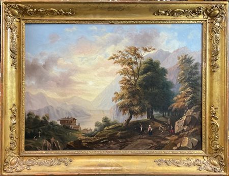 Maestro del nord Europa del secolo XIX

"Paesaggio lacustre con pastori" 
olio