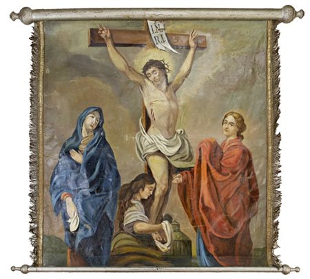 Stendardo da processione raffigurante la Crocefissione e la Pietà al verso, oli