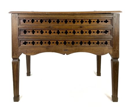 Mobile contenitore in legni vari con piano ribaltabile, fronte e fianchi con pa