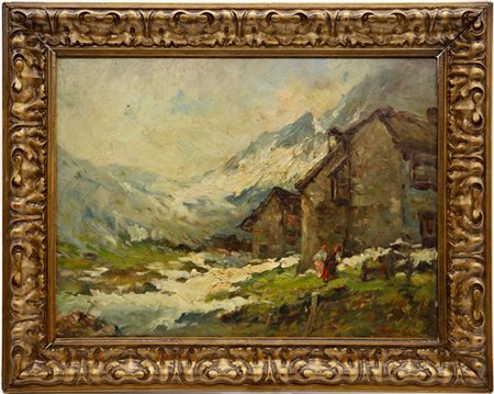 Ignoto del secolo XIX "Paesaggio montano con baite" 
olio su compensato (cm 32x