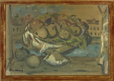 Firma indecifrata "Vaso con frutta" tecnica mista su carta (cm 43x57,5) firmato