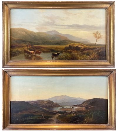 Coppia di dipinti ad olio su tela raffiguranti Paesaggi, di diversi autori del