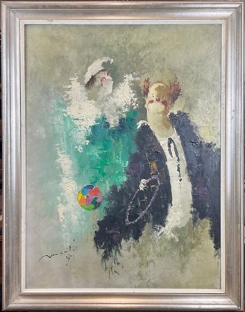 Cesarino Monti "Pagliacci" 1971, olio su masonite (cm 80x60) firmato e datato in