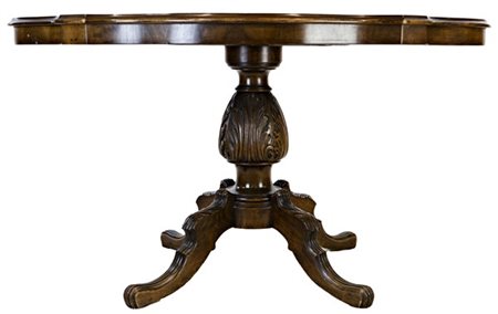 Tavolo con piano sagomato in legno massello e lastronato a decoro geometrico, f