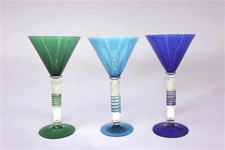 Tre calici in vetro di Murano in vetro blu, verde e azzurro