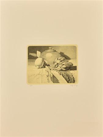 Luigi Volpi NATURA MORTA CON CARCIOFI E LIMONE Incisione su carta, battuta cm...