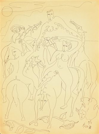 Russo CAVALLERIA pennarello su carta, cm 40x30 firma e data eseguito nel 1971