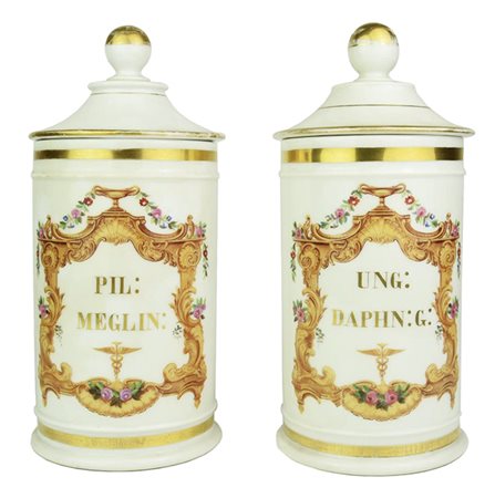 COPPIA DI VASI DA FARMACIA in ceramica con dorature h cm 28, diam max cm 12