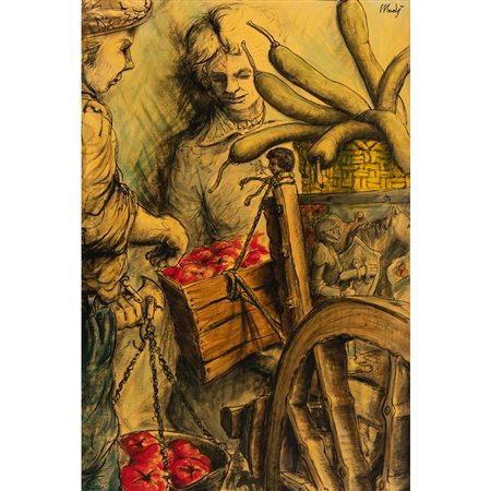 PIPPO MADÈ, Venditore con carretto, Olio su tela