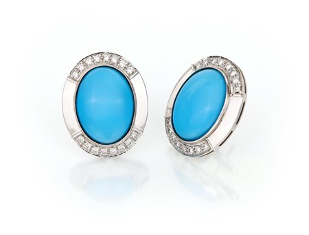 Coppia di orecchini in oro, turchese e brillanti Oro bianco 750/000. Peso...