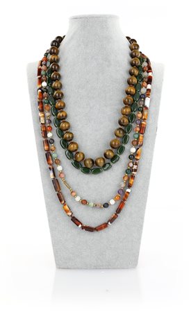 Gruppo di 4 collane in giada, agata, occhio di tigre e pietre dure Lunghezze...