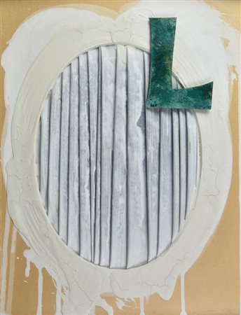 Umberto Mariani COMPOSIZIONE, 1993 piombo, acrilico e corten, cm 53x43 firma...