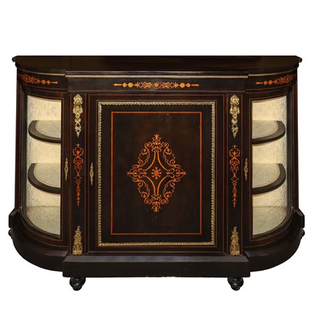 Etagere in legno nero ebanizzato e decori dorati con vetrine finerali in vetro