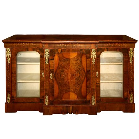 Etagere in radica con vetrine finerali e sportello centrale, intarsi al sottopiano, bronzi finerali applicati , England 19° secolo