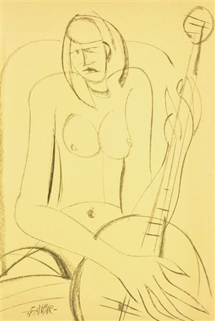 GIANBAR (Gianni Baretta) DONNA CON CHITARRA carboncino su carta, cm 45,5x31...