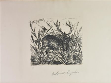 Antonio Ligabue CERVO acquaforte, cm 29x32,5, su foglio cm 50x75; es. 40/100...