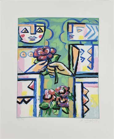 Ibrahim Kodra LE DIEDI UNA ROSA serigrafia, cm 70x50; es. 86/100 firma e...