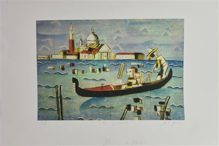 Ibrahim Kodra LA GONDOLA, 1988 litografia, cm 60x80; es. P.A. firma, data,...