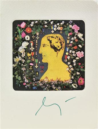 Enrico Baj AUTORITRATTO fotolitografia a 4 colori su cartoncino, cm 14x10,5;...