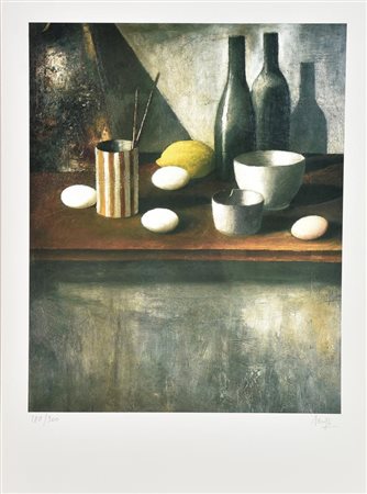 Marcello Scuffi NATURA MORTA CON LIMONE E UOVA litografia su carta, cm...