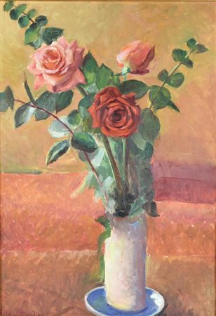 Filippo Mondino VASO DI ROSE olio su carta, cm 49x33 firma