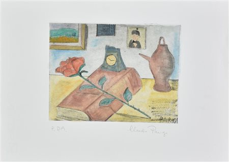 Claudio Parigi LIBRO E ROSA puntasecca e acquerello su foglio Fabriano, cm...