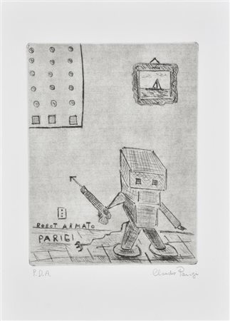 Claudio Parigi ROBOT ARMATO puntasecca su foglio Fabriano, cm 23,5x28, su...