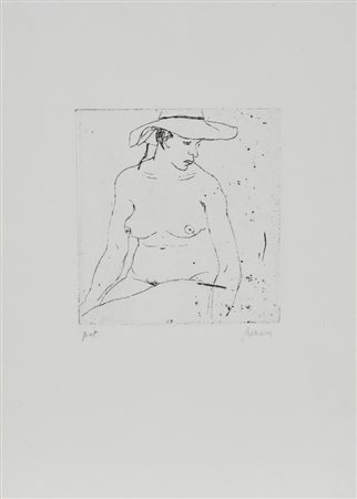 Renzo Biasion NUDO CON CAPPELLO incisione su carta, cm 35x25 (lastra cm...