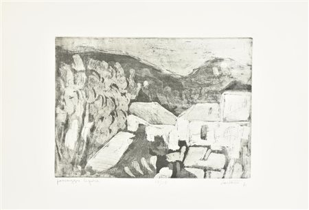 Aldo Castano PAESAGGIO LIGURE incisione su carta, battuta cm 22,5x31, su...