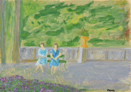Claudio Parigi DONNE IN GIARDINO, 1980 olio su cartone, cm 26x36 firma sul...