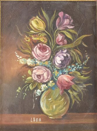 Lada VASO DI FIORI olio su cartone, cm 11x8 firma