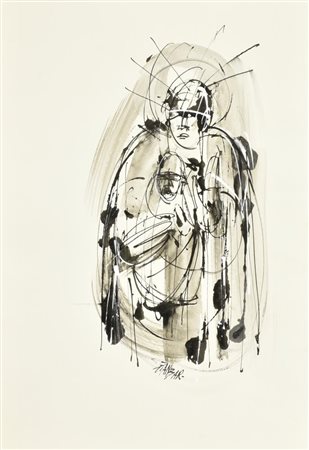 GIANBAR (Gianni Baretta) MATERNITA' tecnica mista su carta, cm 50x35 firma...