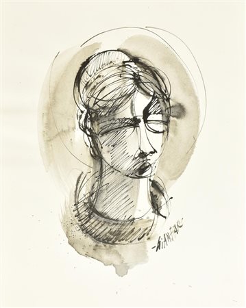 GIANBAR (Gianni Baretta) VOLTO china acquarellata su carta, cm 35,5x28 firma...