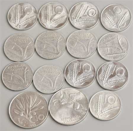 LOTTO DI LIRE ITALIANE composto da 15 monete da 10 lire varie annate di...