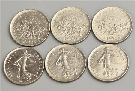 LOTTO DI FRANCHI FRANCESI composto da 6 monete da 5 franchi vari anni di...