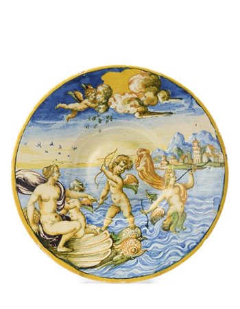 Bottega dei Fontana, Urbino, 1560-1570. Piatto in maiolica istoriata dipinta in