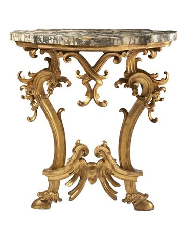 Console in legno intagliato e dorato con sostegni a volute pendenti di foglie e