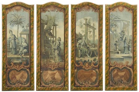 Arte veneziana del secolo XVIII. Gruppo di quattro pannelli a tempera su tela c