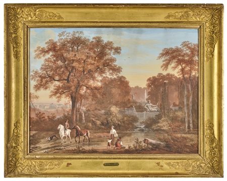 Louis Gadbois "Scorcio fluviale con fontana, lavandaie e uomo a cavallo" 
temper