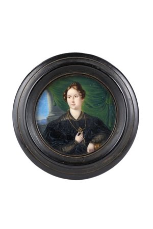 N. Corradi, secolo XIX. "Ritratto di gentildonna in un interno 1835" miniatura