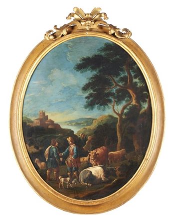 Scuola romana del secolo XVIII

"Paesaggio con pastori e armenti"
olio su tela