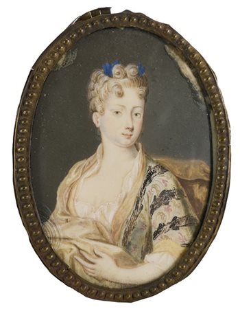Maestro della fine del secolo XVIII. "Ritratto di dama" miniatura ovale su avor