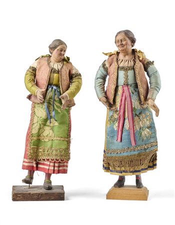 Arte napoletana, secolo XIX. "Popolane con gilet rosa" due figure da presepe co